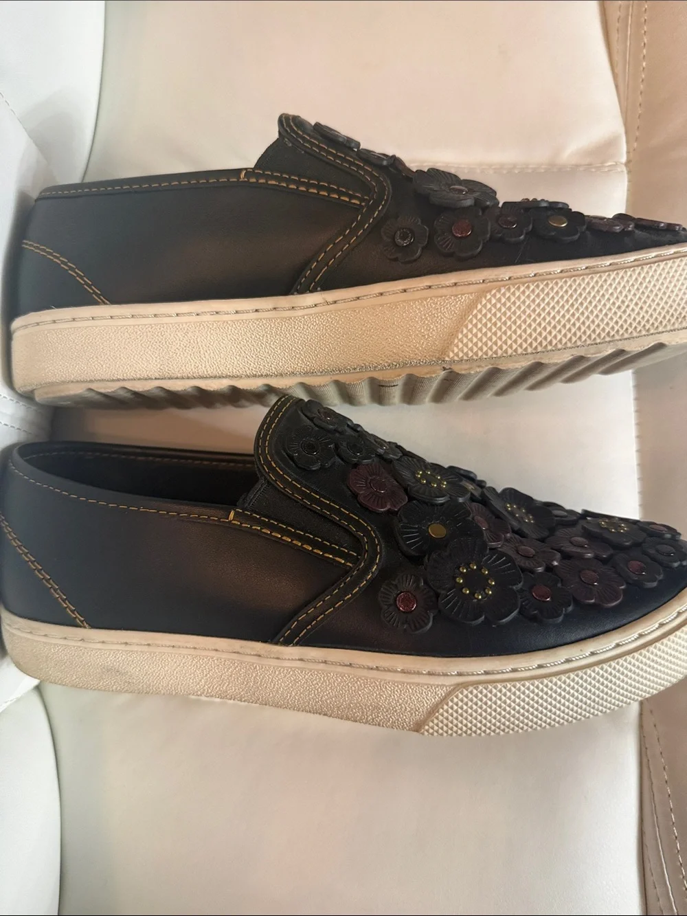 Coach Black Leather Slip-On Loafers with Floral Appliqués